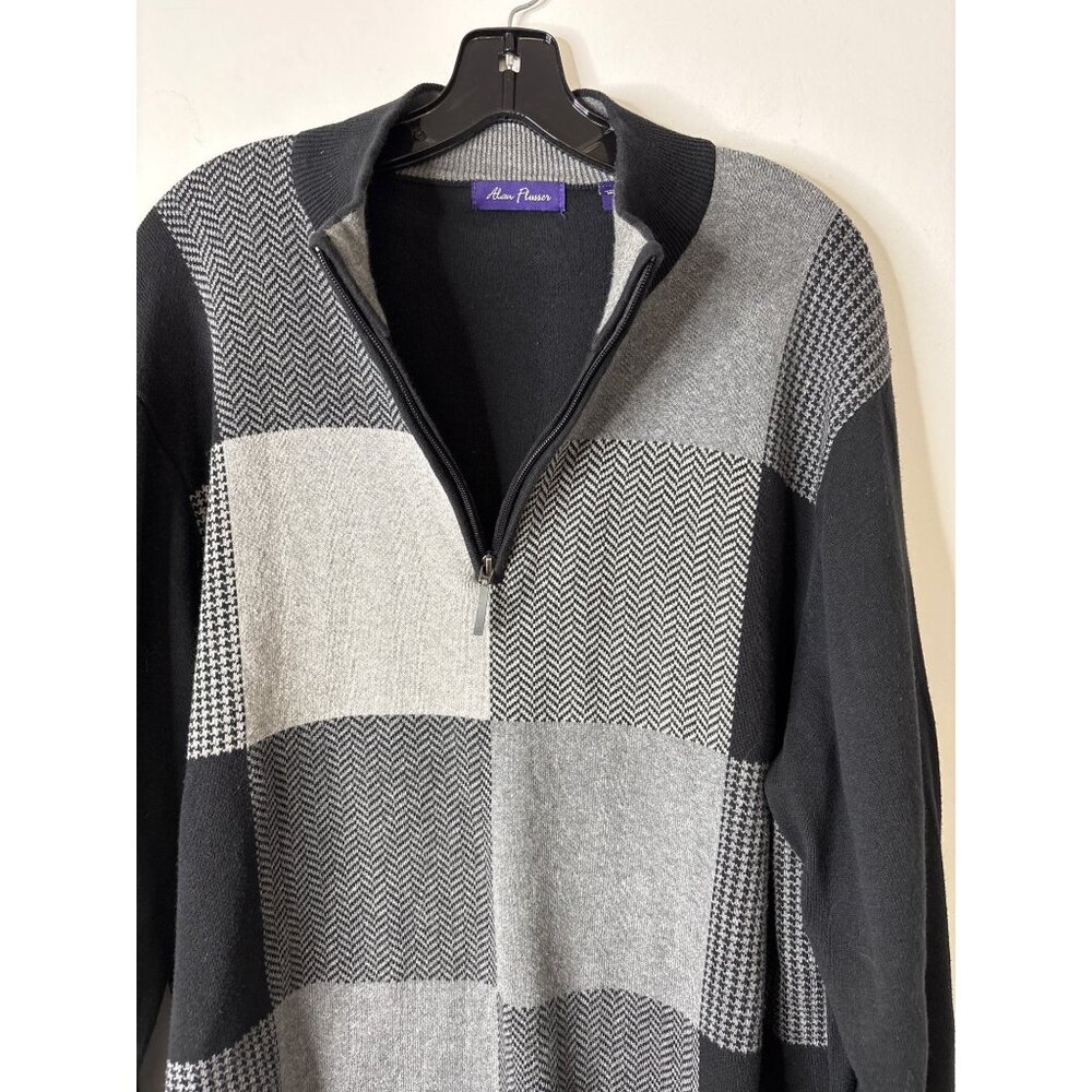 Alan Flusser Men's Cotton Black/Gray Large Check Sweater 1/4" Zip Size XL - Picture 5 of 9